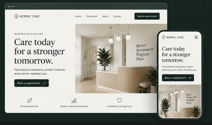Nordic Care concept — desktop website with overlapping mobile mockup