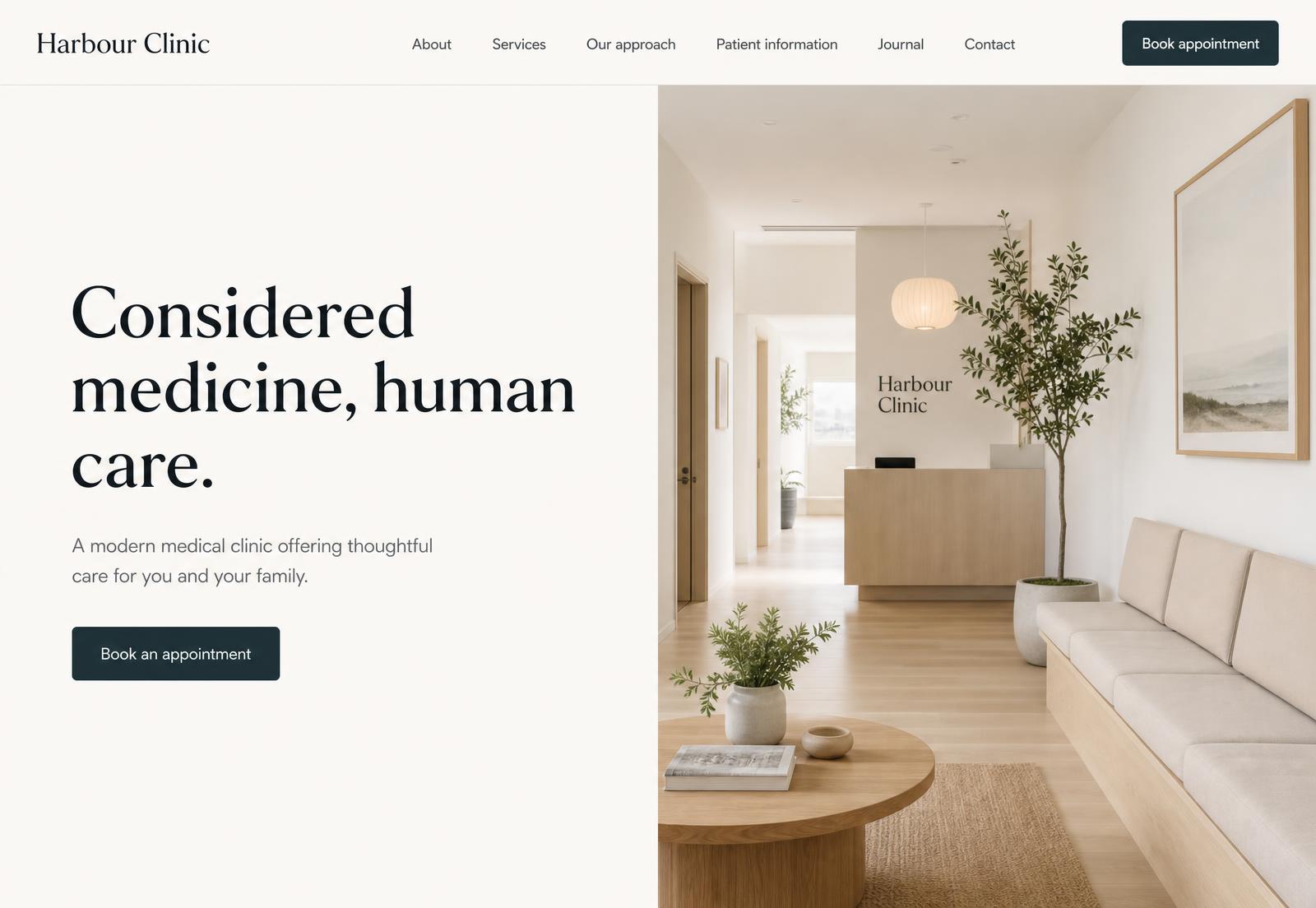 Harbour Clinic concept — calm medical desktop layout
