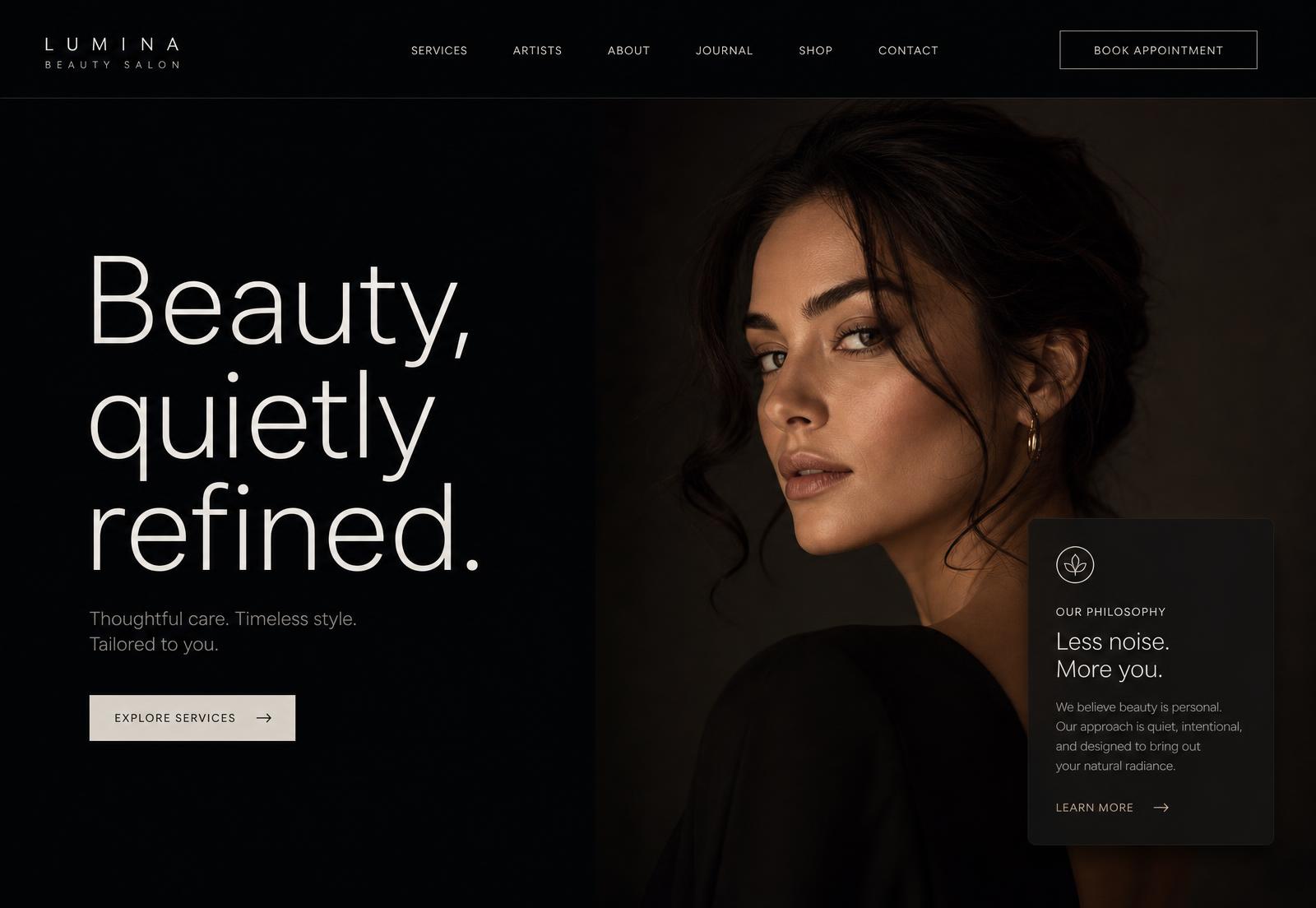Lumina beauty salon concept — editorial dark desktop layout